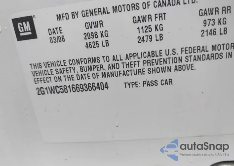 2006 Chevrolet Impala Lt z USA, uszkodzony, nr VIN 2G1WC581669366404